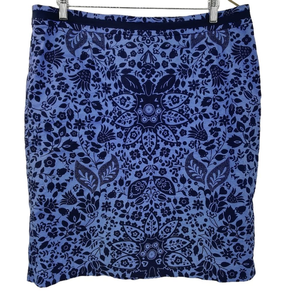 Boden Straight Pencil Blue Floral Skirt Size 14R US Walking Slit Lined Ribbon